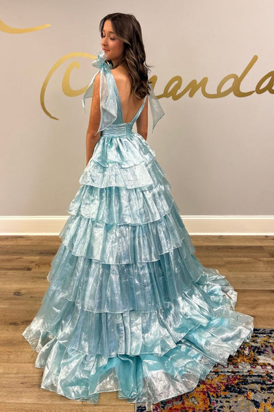 Charming A Line V Neck Ruffle Tiered Prom Dress with Bow AB4050802