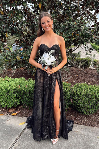 Cute Sparkly A Line Sweetheart Black Sequins Lace Long Prom Dresses with Slit AB040402