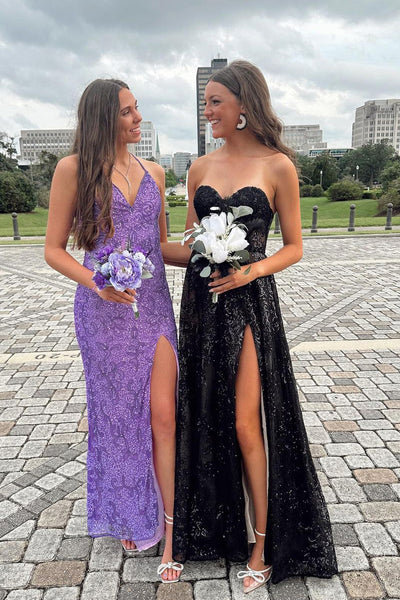 Cute Sparkly A Line Sweetheart Black Sequins Lace Long Prom Dresses with Slit AB040402