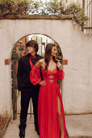 Charming A Line Sweetheart Red Chiffon Long Prom Dresses with Long Sleeves AB040901