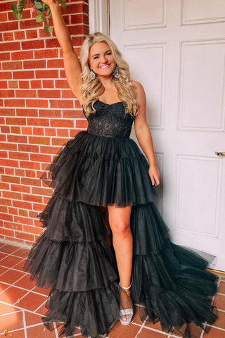 Cute Hight-Low Sweetheart Black Tulle Long Prom Dresses with Lace AB041401