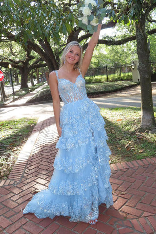 Cute Sweetheart Light Blue Tulle Long Prom Dresses with Sparkly Appliques AB041403