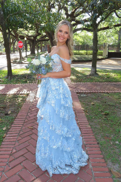 Cute Sweetheart Light Blue Tulle Long Prom Dresses with Sparkly Appliques AB041403