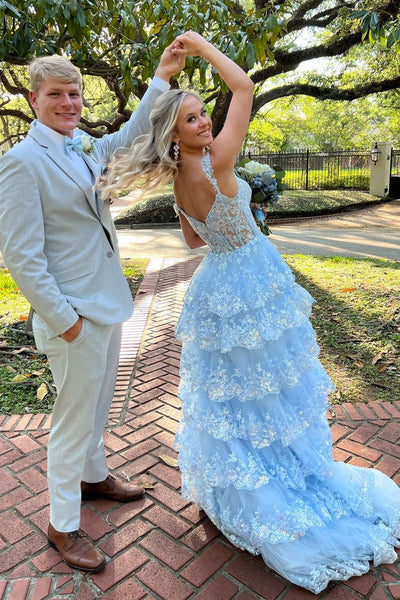 Cute Sweetheart Light Blue Tulle Long Prom Dresses with Sparkly Appliques AB041403