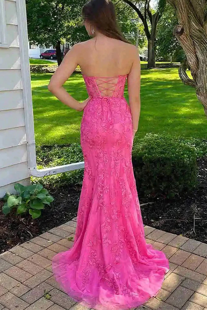 Cute Mermaid Sweetheart Hot Pink Lace Prom Dresses with Cross Back ...