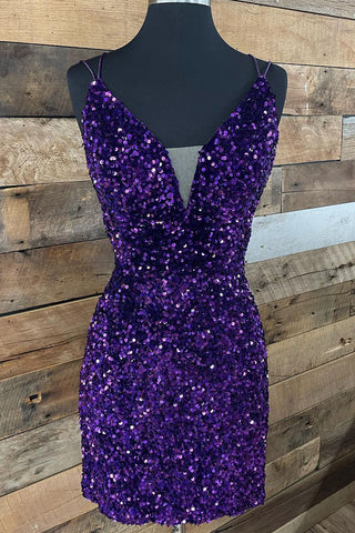 Sparkly Cute V Neck Straps Purple Sequins Short Homecoming Dresses with Cross Back AB091801