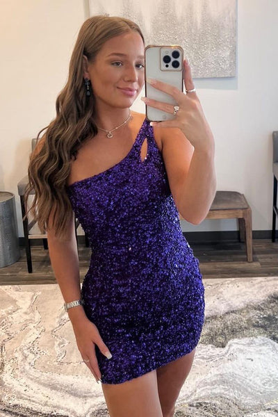 Cute Bodycon One Shoulder Purple Sequins Short Homecoming Dresses AB092403