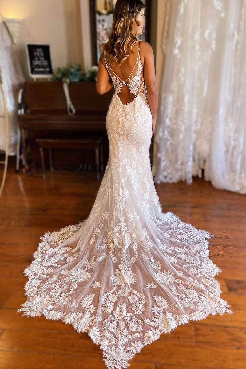 Elegant Mermaid V Neck Lace Wedding Dresses with Appliques AB100202 ...