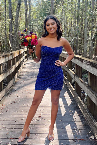 Cute Bodycon Strapless Royal Blue Sequins Short Homecoming Dresses AB100303