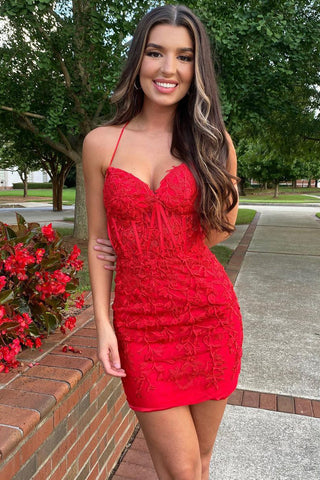 Cute Bodycon Sweetheart Red Kace Short Homecoming Dresses AB100304