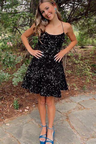 Charming A Line Scoop Neck Black Sequins Short Homecoming Dresses AB100804