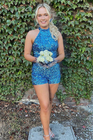 Cute Bodycon Hatler Blue Sequins Homecoming Dresses AB101504