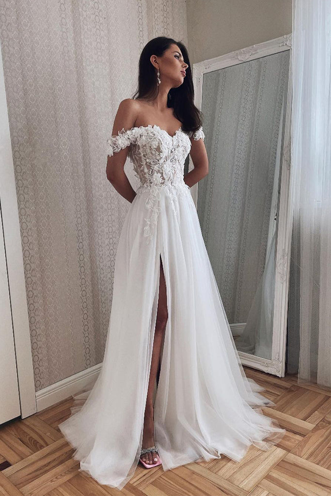 Charming A Line Off the Shoulder Tulle Wedding Dresses with Appliques ...