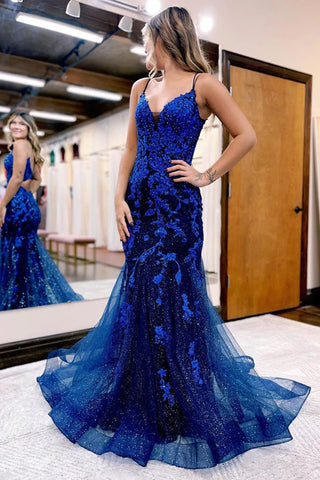 Cute Mermaid V Neck Sparkly Tulle Prom Dresses with Appliques AB10905