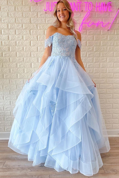 Cute Ball Gown Sky Blue Tulle Long Prom Dresses with Appliques AB111405