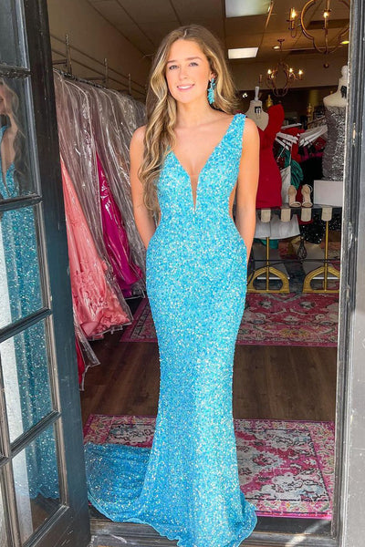 Charming Mermaid V Neck Blue Sequins Long Prom Dresses AB111505