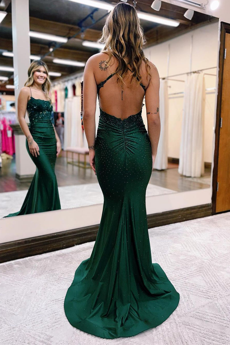 Charming Mermaid Scoop Neck Dark Green Satin Long Prom Dresses with Be