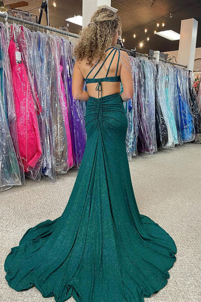 Gorgeous Mermaid One Shoulder Dark Green Prom Dresses with Beading AB121502