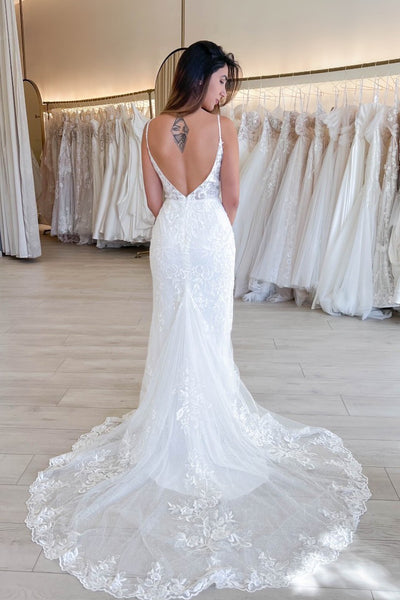 Charming Mermaid V Neck Lace Wedding Dresses AB122205