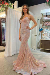 Cute Mermaid V Neck Blush Velvet Sequins Long Prom Dresses with Lace-up Back AB12802