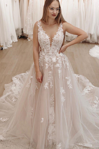 Elegant A Line V Neck Tulle Wedding Dresses with Appliques AB12804