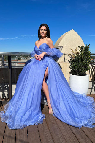 Charming Sweetheart Blue Organza Prom Dresses with Slit AB20704