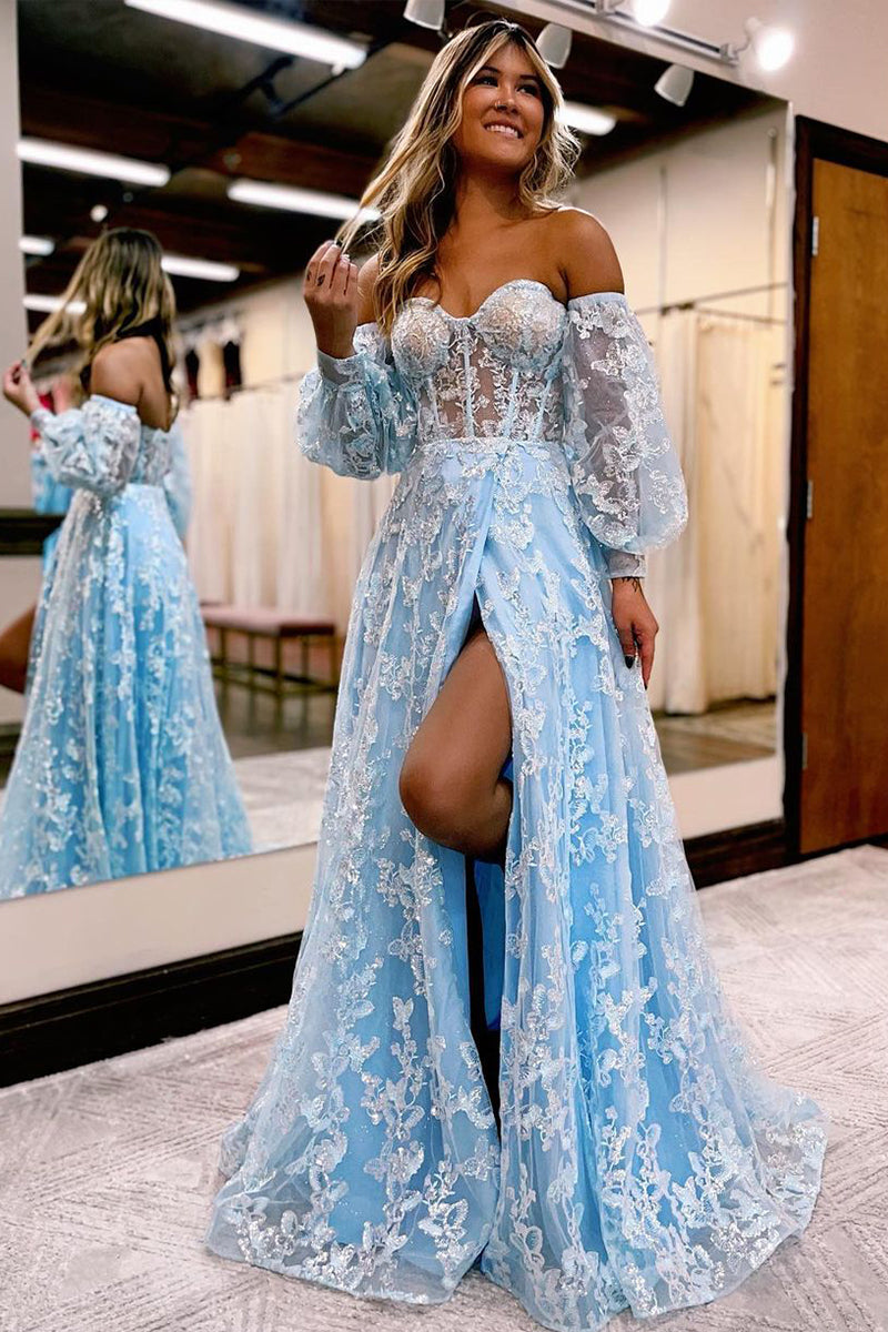 Spakrly Off the Shoulder Light Blue Prom Dresses with Long Sleeves AB2 ...