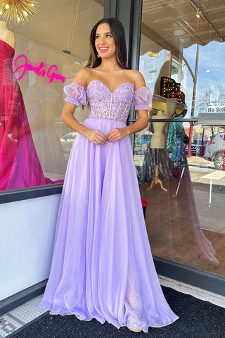 Charming A Line Sweetheart Lavender Chiffon Prom Dresses with Lace AB22502