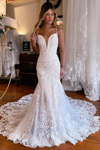 Charming Romantic Mermaid V Neck Lace Wedding Dresses Beach Bride Dress AB4091205 anniebride-1