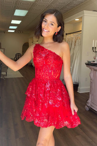 Cute A-Line One Shoulder Red Sequin Tiered Homecoming Dresses AB24091202 anniebride-1