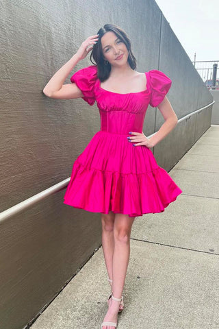 Cute A-Line Square Neck Hot Pink Satin Short Homecoming Dresses AB24090903-1