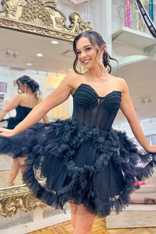 Cute A-Line Sweetheart Black Ruffle Tulle Homecoming Dresses AB240901201 anniebride-1