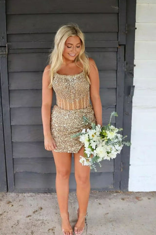 Cute Bodycon Strapless Gold Sequins Slit Homecoming Dresses with Beading AB24091005-1