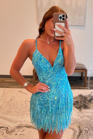 Cute Bodycon V Neck Blue Sequins Lace Homecoming Dresses with Beading AB24091008-1