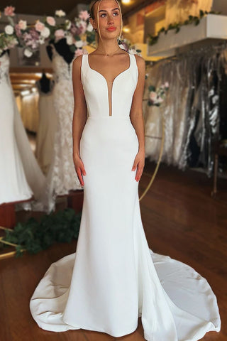 Elegant Mermaid V Neck Elastic Satin Long Wedding Dress wirh  AB4060801-1