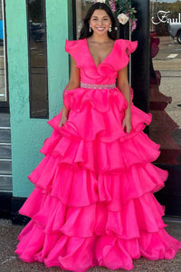 Fairy A Line Hot Pink V-Neck Ruffle Tiered Long Prom Dresses