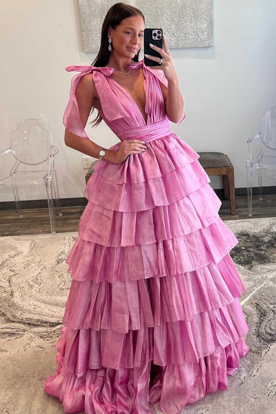 Cute Ball Gown V Neck Tie Straps Pink Tiered Organza Long Prom Dress