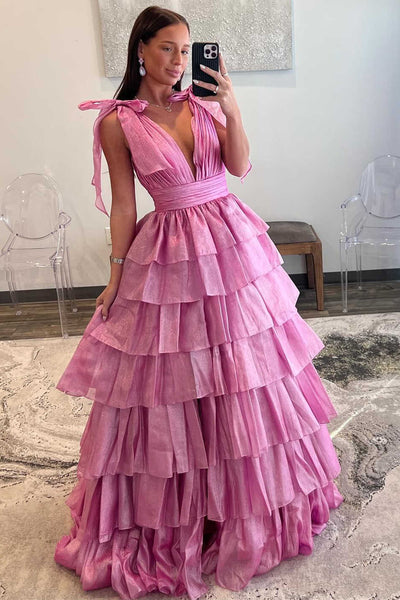 Cute Ball Gown V Neck Tie Straps Pink Tiered Organza Long Prom Dress