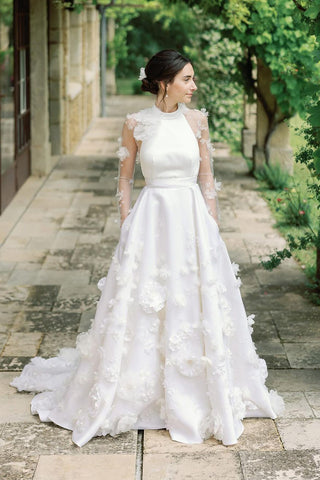 Fairy Ball Gown Satin Wedding Dresses with 3D Flowers AB24090503-1