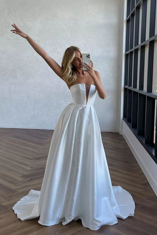 Fashion Simple A Line V Neck Twill Satin Wedding Dresses with Slit AB24090702-1