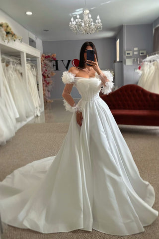 Gorgeous Ball Gown Strapless Satin Wedding Dresses with Sleeves AB24090902-1