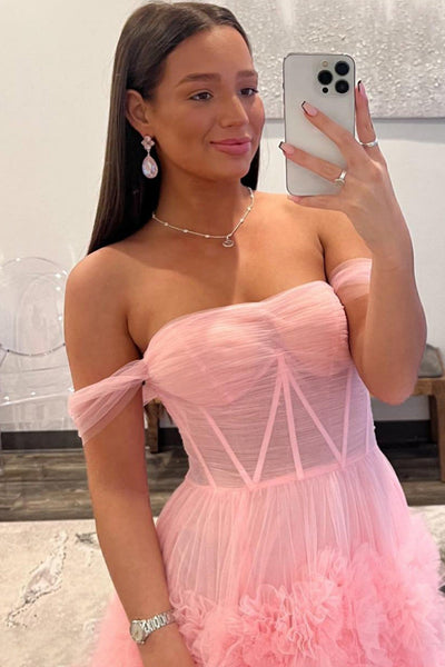 Gorgeous Ball Gown Off the Shoulder Pink Long Tulle Prom Dress