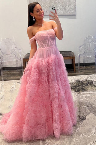 Gorgeous Ball Gown Off the Shoulder Pink Long Tulle Prom Dress