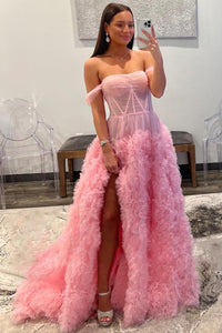 Gorgeous Ball Gown Off the Shoulder Pink Long Tulle Prom Dress