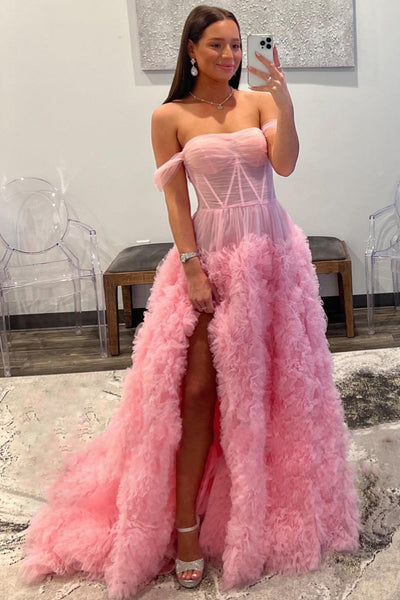 Gorgeous Ball Gown Off the Shoulder Pink Long Tulle Prom Dress