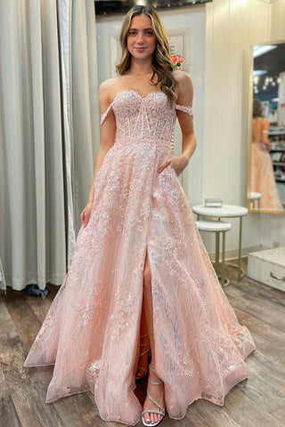 Sparkly A Line Off-the-Shoulder Sequins Lace Long Prom Dresses with Slit