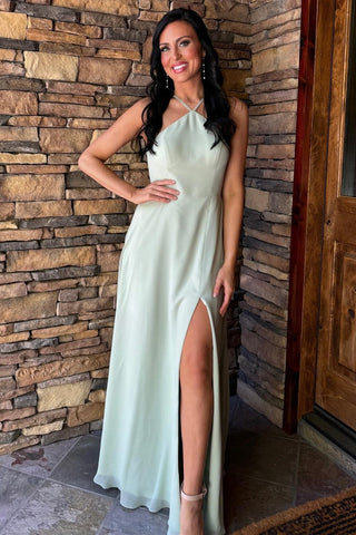 Chic A Line Sage Halter Chiffon Wedding Guest Dress with Slit