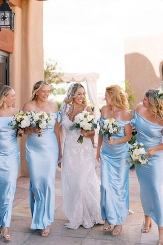 Charming Sheath Off-Shoulder Blue Silk Satin Long Bridesmaid Dress