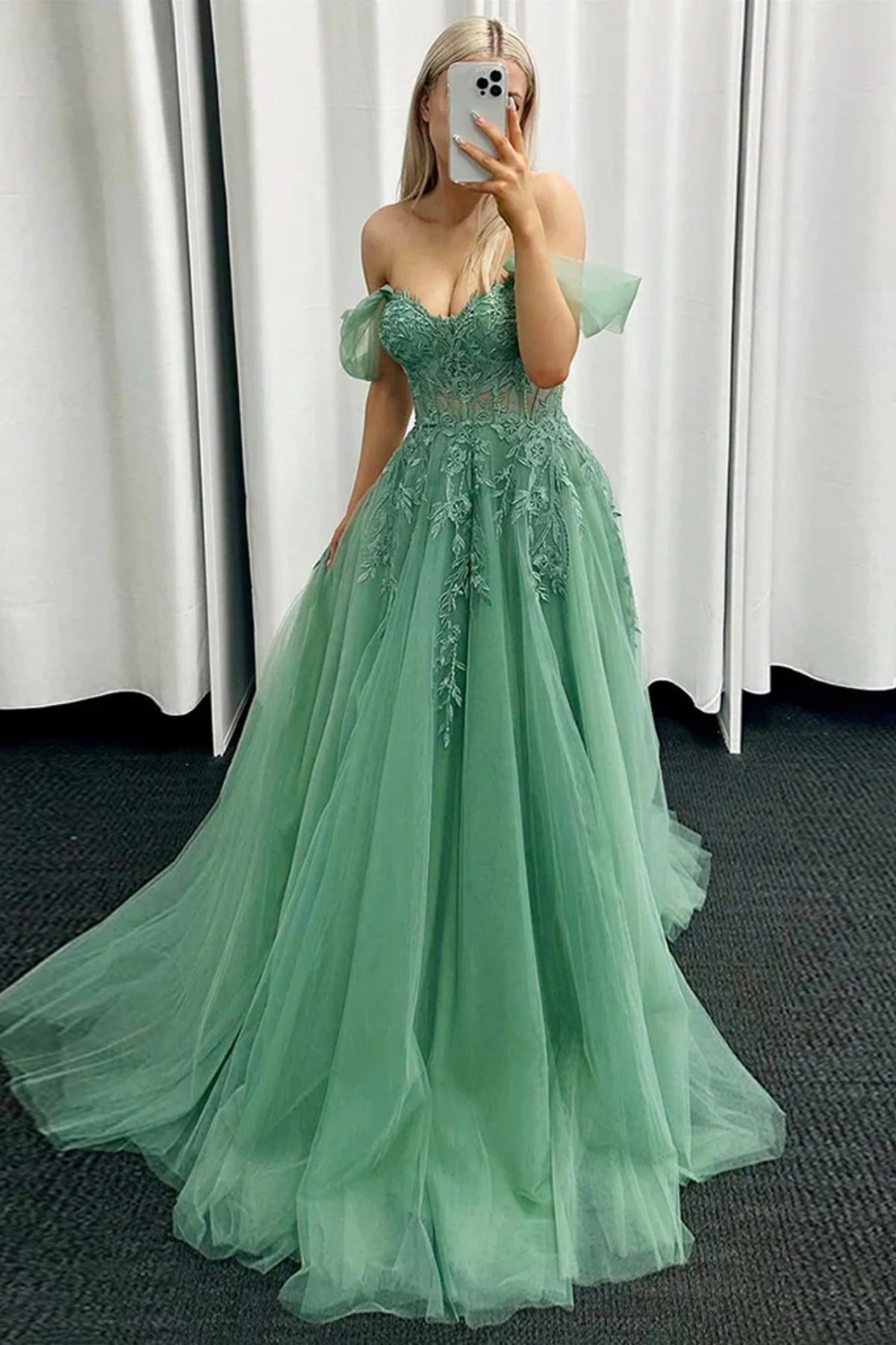 Cute A Line Off the Shoulder Grey Green Tulle Prom Dresses with Appliques