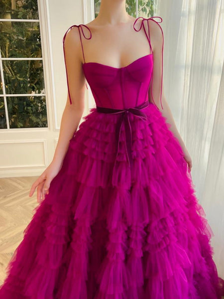 Fashion Cute A Line Sweetheart Fuchsia Tiered Tulle Prom Dresses